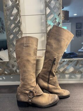 Vince Camuto “Shaylee” Distressed Leather Riding Boots in Taupe